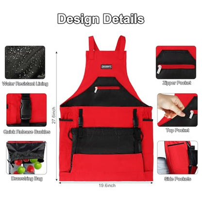 Garden Apron,Harvest Aprons with Drawstring Bag and Pockets for Women and Men,Canvas Fruit Picking Apron - color: Red