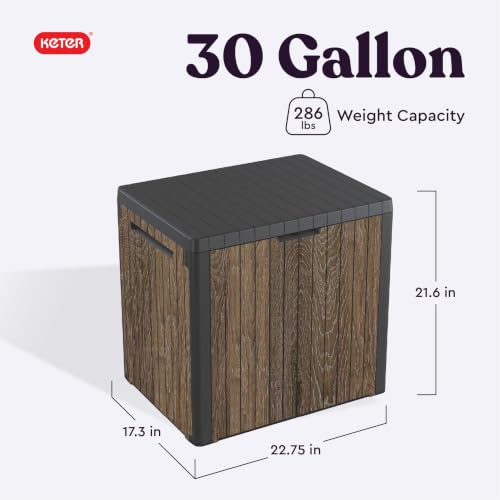 Keter Premium Everwood 30 Gal Outdoor Storage Box and Patio Side Table - color: Walnut, size: 30 Gallon