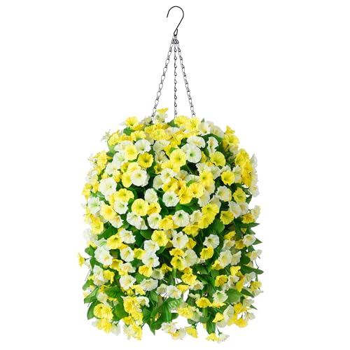 Artificial Flowers with Hanging Basket, Outdoor Faux Plants UV Resistant - color: Yellow and White