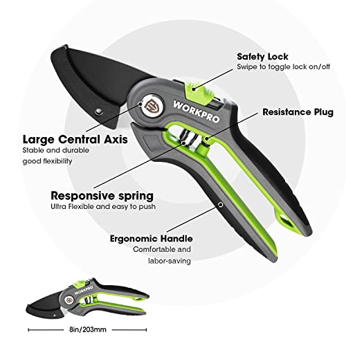 WORKPRO Pruning Shears, Garden Clippers with SK5 Steel Blades, 8" Anvil