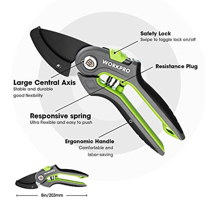 WORKPRO Pruning Shears, Garden Clippers with SK5 Steel Blades, 8" Anvil
