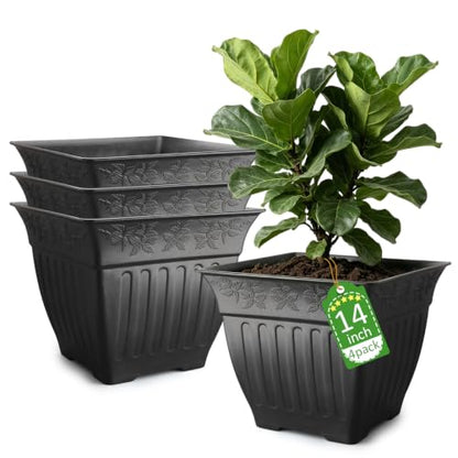 4-Pack 14 Inch Large Square Planters, Embossed Leaf Pattern, Black - color: Black, size: 4P-14 INCH