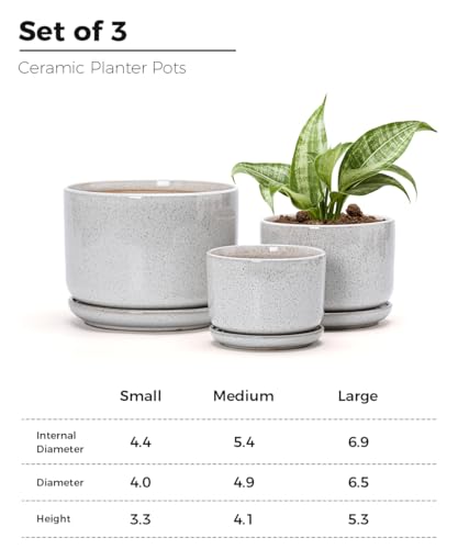 Ceramic Planters,Plant Pots with Saucers Set of 3(Reactive Glaze White) - color: Speck