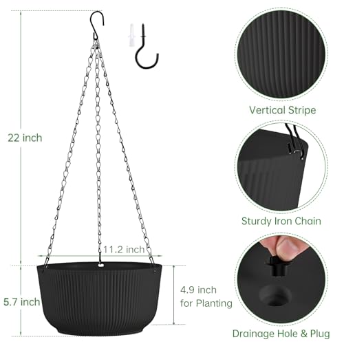 12 Inch Black Hanging Planters for Outdoor Indoor Plants - Set of 2 - color: Black, size: 12 Inch