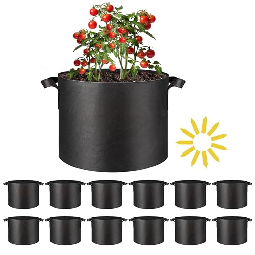 Simple Deluxe Grow Bags 5 Gallon 12 Pack Planter Pots with Handles, Thickened Nonwoven Fabric Aeration Cloth Bag, Heavy Duty Gardening for Tomoato, Potato, Vegetable and Flowers, Black with 12 Labels - color: 12 Pack, size: 5 Gallon