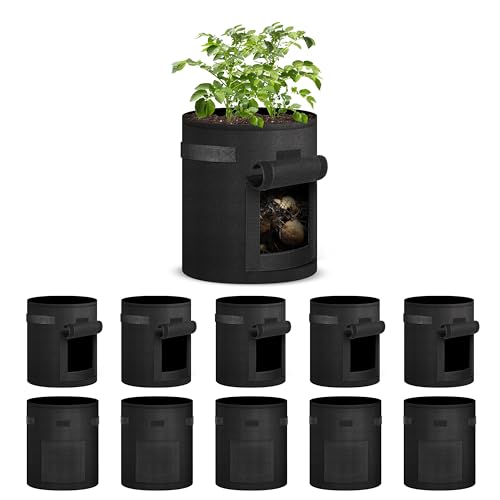 iPower 10-Pack 7-Gallon Potato Grow Bags Thickened Non-Woven Aeration Fabric Container Planter Pots with Handle, Access Flap and Visual Window, Easy to Harvest, for Tomato, Vegetables - size: 7 Gallon 10 Pack