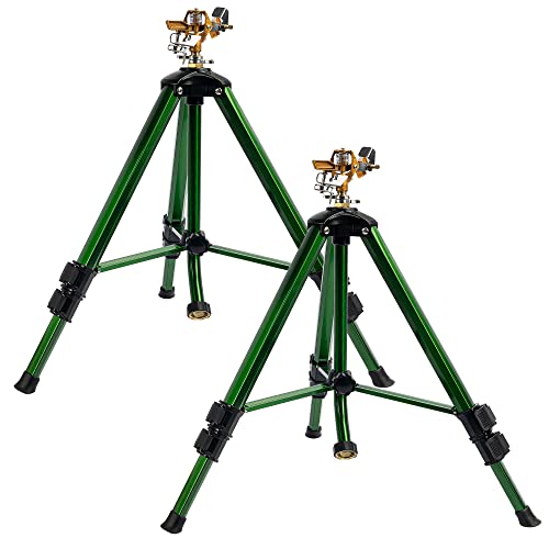 Hourleey Impact Sprinkler on Tripod Base, 2 Pack Heavy Duty Sprinklers for Lawn Yard Garden, 0-360 Degree Large Area Coverage, 3/4 Inch Connector Extension Legs Flip Locks with Brass Head - size: 2 Pack