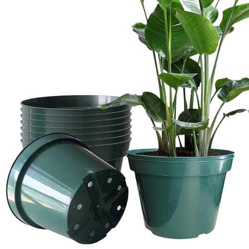 10 Pack Green Plastic Planter Pots, 10 Inch Thick with Multiple Drainage Holes, for Herbs, Strawberries, Flowers - Indoor/Outdoor - color: Green, size: 10 Inch 10 Pack