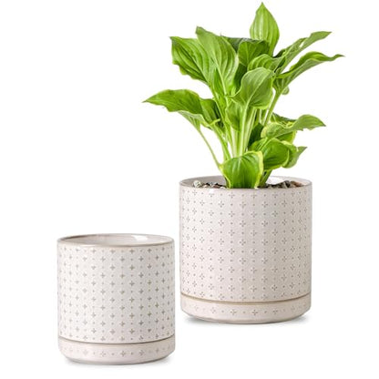 Plant Pots, 5+6 inch Planters Set of 2, Ceramic Pot for Indoor Plants with Drainage Hole and Saucer, Small Flower Pot for Succulent, White