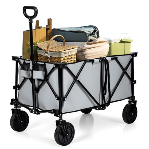 Goplus Collapsible Wagon, Folding Utility Wagon Cart w/Universal Wheels & Adjustable Handle & Cover Bag, Grocery Wagon for Garden Shopping Camping (Grey) - color: Gray