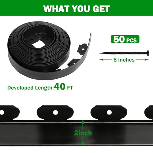 No Dig Landscape Edging 2 Inch x 40 FT, Heavy Duty Flexible Plastic Garden Border with 50 Spiral Spikes, Lawn Edging for Flower Beds, Walkways, Tree Rings, Mulch Beds and Landscaping, Black - style: 2 Inch × 40FT