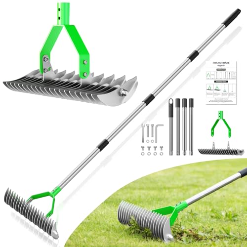 21-Tine Thatch Rake for Lawn,15" Heavy Duty Dethatcher Rake with 68" Handle - color: Green