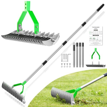 21-Tine Thatch Rake for Lawn,15" Heavy Duty Dethatcher Rake with 68" Handle - color: Green