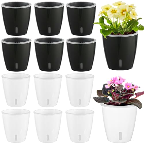 Self Watering Pots for Indoor Plants, 12-Pack 5'' Self Watering Planter with Drainage Holes, Small African Violet Pots with Water Level Indicator, Clear Wick Pot, White/Black - color: White/Black 12 Pack, size: 5"