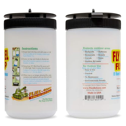 Flies Be Gone Fly Trap - Disposable Protein-Powered Attractant Fly Catcher - Made in USA - Natural Bait Trap for Patios, Ranches; Easy to Use Outdoor Trap, Keeps Flies from Coming Indoors.