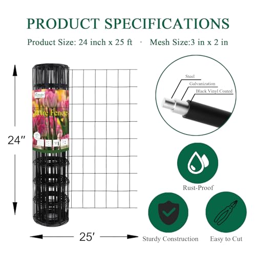 Black PVC Coated Welded Wire Fence 24" x 25' Roll, 2"x3" Mesh, 16 Gauge - color: Black, size: 2''x3'' 16GA 24''x25'