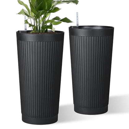 Self Watering Tall Planters Set of 2, Black Round - color: Round Stripe Black