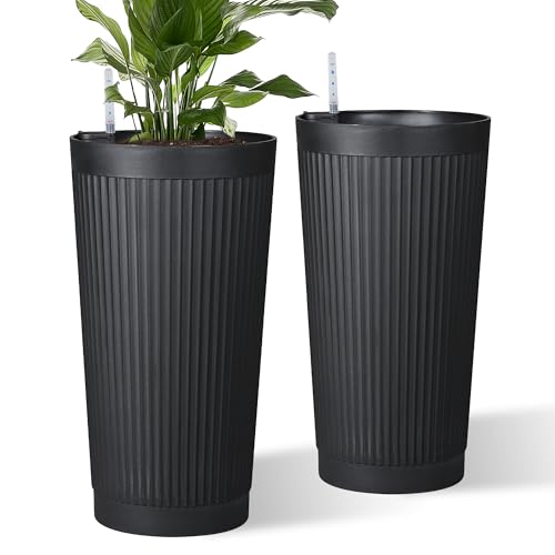 Self Watering Tall Planters Set of 2, Black Round - color: Round Stripe Black