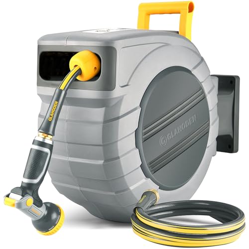 GLAHODEN 5/8 in x 65 ft Retractable Garden Hose Reel with Automatic Rewind - color: Light Gray, size: 5/8" 65FT