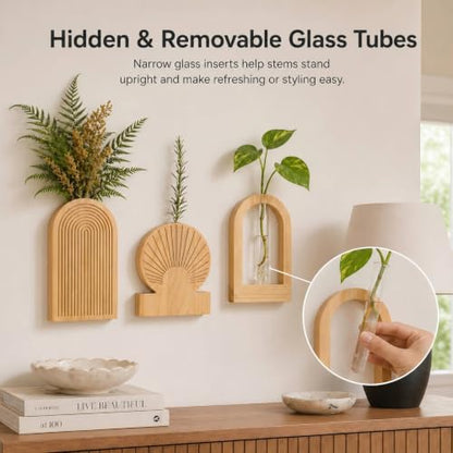 TBWIND Wooden Wall Vases Set of 3, Wall Planters with Glass Tube Kit - color: Natural