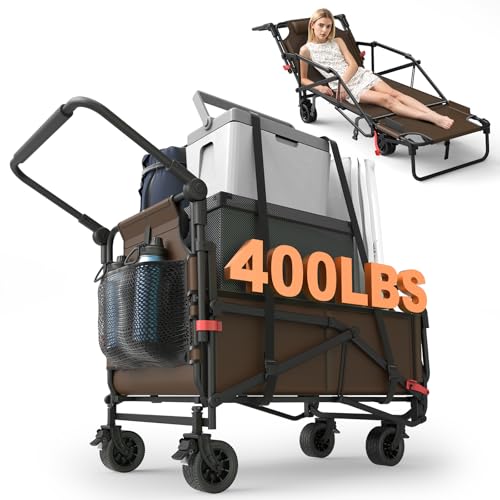 LEVELEVE Heavy Duty Folding Wagon - 2-in-1 Collapsible Cart, All-Terrain Wheels w/Brakes & Side Pockets (Brown, 400lb Capacity) - color: Brown, size: Medium