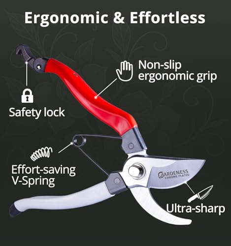 Gardeness Pruning Shears, Professional Bypass Heavy Duty Garden Pruner Secateurs – Lightweight Easy Grip Hand Pruners Branch Clippers for Gardening, Trimming, Harvesting. Made in Taiwan
