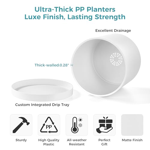 FaithLand 10-Inch Modern Cylinder Planter, Thick-Walled Plastic Plant Pot with Drainage Holes and Detachable Saucer, Matte White, Ideal for Indoor & Outdoor Plants Flowers - color: Matte White, size: 10 Inch