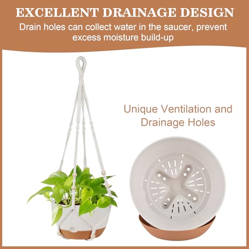 3 Pack Hanging Pot for Indoor Plants, 10inch Self-Watering Hanging Planter, Macrame Plant Hanger with Pot, Metal Chain, S & Ceiling Hooks, Removable Saucer and Drainage Holes for Garden Home - White - color: White