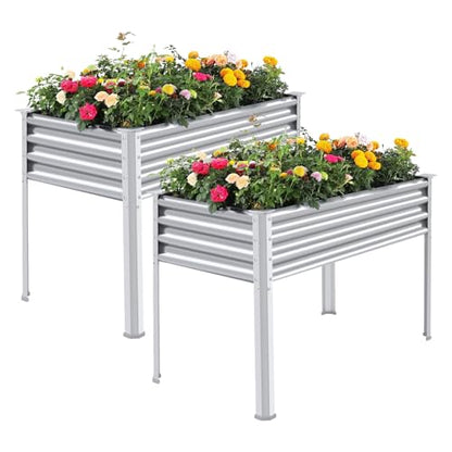 Land Guard 2 Pack Galvanized Raised Garden Bed with Legs, 48×24×32in Large Metal Elevated Raised Planter Box with Drainage Holes for Backyard, Patio, Balcony, 700lb Capacity - color: Silver