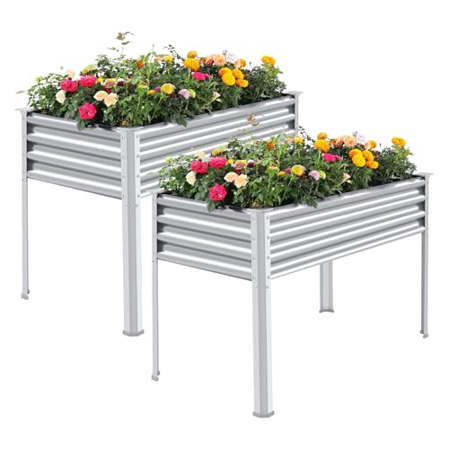 Land Guard 2 Pack Galvanized Raised Garden Bed with Legs, 48×24×32in Large Metal Elevated Raised Planter Box with Drainage Holes for Backyard, Patio, Balcony, 700lb Capacity - color: Silver