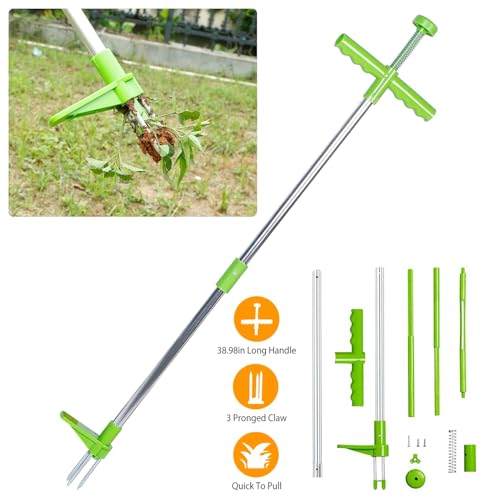 Weed Puller Tool, Stand-Up Weed Remover 3 Claws Aluminum Grass Manual Weeder 38.98in Long Handle with Foot Pedal, Quick-Release Weed for Easy Weeding