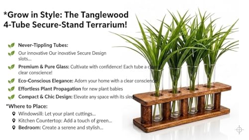 Wooden Plant Propagation Station Stand with Four Glass Test Tubes Indoor Desktop Terrarium for Hydroponics Water Plant Cutting Flower Vase Planter Home Office Garden Decor Plant Lover Gifts, Brown