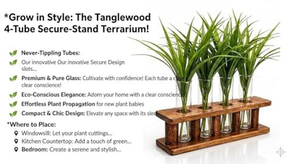 Wooden Plant Propagation Station Stand with Four Glass Test Tubes Indoor Desktop Terrarium for Hydroponics Water Plant Cutting Flower Vase Planter Home Office Garden Decor Plant Lover Gifts, Brown