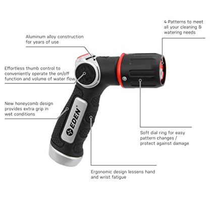 Eden PRO Metal 4-Pattern Hose Nozzle: Thumb Control, Cyclonic Turbo Spray - style: Angled Thumb Control