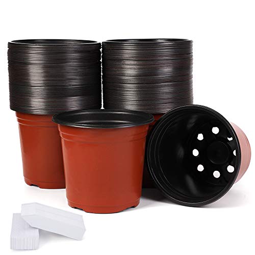JERIA 100-Pack 6 Inch Plastic Nursery Pots Come with 100 Pcs Labels, Seedling Flower Plant Container and Seed Starting Pots - size: 6 Inch