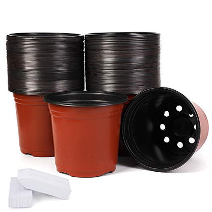 JERIA 100-Pack 6 Inch Plastic Nursery Pots Come with 100 Pcs Labels, Seedling Flower Plant Container and Seed Starting Pots - size: 6 Inch
