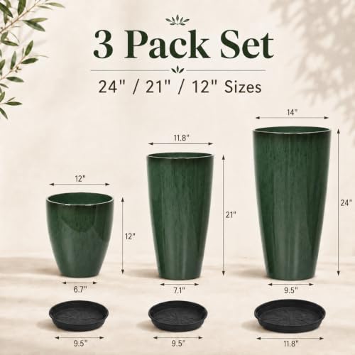 Neoaider Set of 3 Tall Planter, 24/21/12in Large Plastic Planter, DarkGreen - color: Dark Green