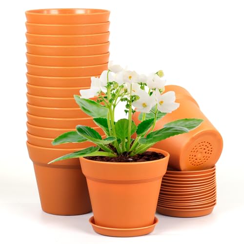 Meowell 6 inch Plastic Nursery Pots, 16 Pack Plant Pots for Indoor Outdoor Plants, Flower Pots with Drainage Holes and Saucers, Decorative Seedling Starter Planters for House Plants, Terracotta - color: Terracotta, size: 6inch 16pcs