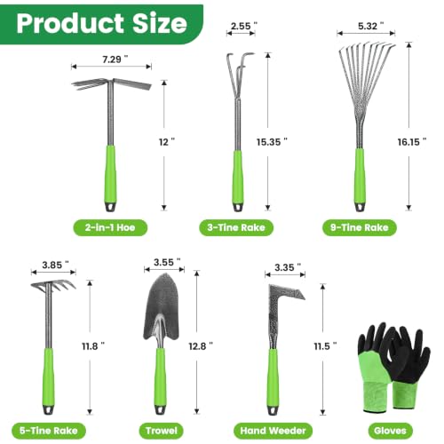 Gardening Tools Garden Tool Set 7 Pack with Ergonomic Non-Slip Handle, Includes Trowel, Hand Weeder, Hand Hoe, Small Rake, Heavy Duty Gardening Kit Garden Tools for Women Gardening Gifts for Birthday
