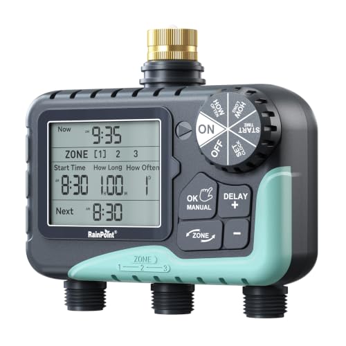 RAINPOINT 3 Zone Water Sprinkler Timer with Brass Inlet, IP65 Waterproof Hose Irrigation Timer, Rain Delay Manual Auto Watering System with Large LCD Display for Yard Lawn Garden, 2027 New Version - color: Light Grey