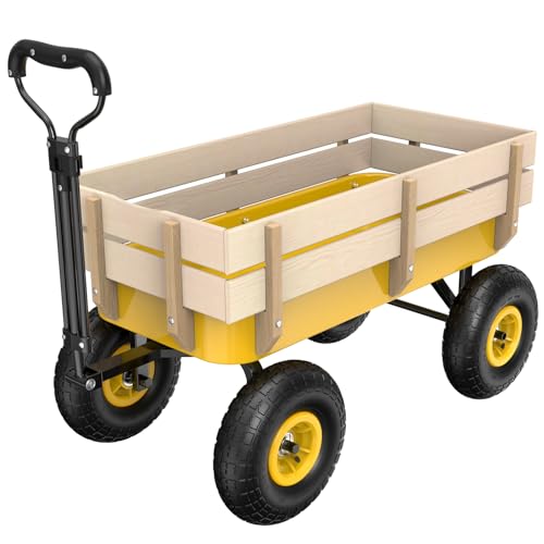 VINGLI Wagon Cart, Steel Frame and Wood Coated Railing, 330lbs All Terrain Wagon 9.2in Air Tires for Garden and Outdoor (Yellow) - color: Yellow