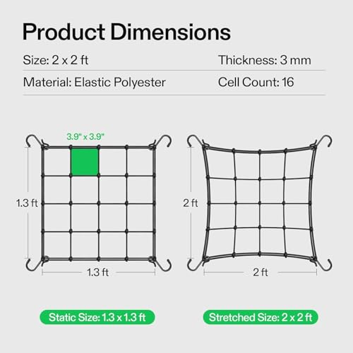 2x2 Ft Heavy Duty Elastic Trellis Netting for Climbing Plants -2-Pack Plant Support Net with 4 Hooks, Durable Polyester Mesh for Grow Tents, Vegetables, Fruits & Flowers (Black) - size: 2x2ft Stretched size-3mm d