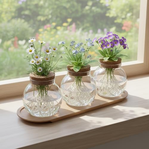 Plant Propagation Station, Glass Propagation Vases with Lid and Wooden Stand, Prop Drops Terrarium Jar for Hydroponics Home Garden Office Decor, 3 Bulb Vase