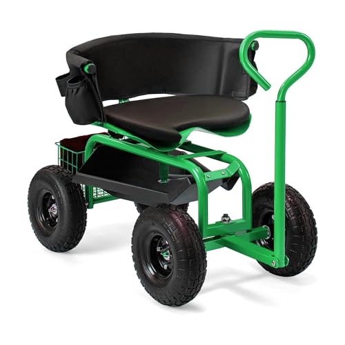 THUNDERBAY Garden Cart Rolling Workseat with Wheels, 360 Degree Swivel Seat, Wagon Scooter with Steering Handle & Utility Tool Tray for Planting, with Storage Basket and Tool Pouch, Green - color: Green