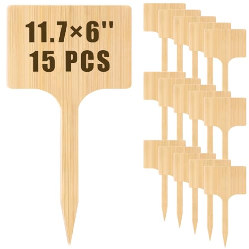 Hicarer 15 Pcs 11.74" x 6" Extra Large Bamboo Garden Markers, Natural Wood T-Type Large Tall Plant Labels for Herbs, Flowers & Vegetables – Easy to Read Full-Size Tags for Garden Outdoor - color: Solid Wood Style, size: 11.74" X 6"