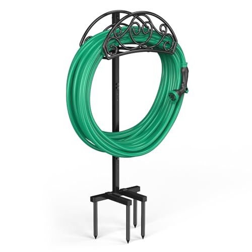 Sunvigor Garden Hose Holder, Heavy Duty Metal Hose Stand with 4 Spikes, Holds Up to 150FT Hose, No Drill Freestanding Hose Reel Alternative for Yard Lawn Outdoor