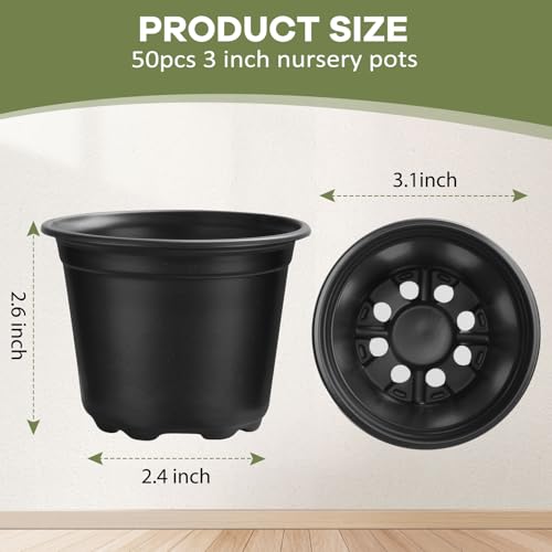 3 4 5 6 Inch Nursery Pots, Plastic Plant Pot with Drainage Hole, Seedling Starter Pots for Succulents (3 Inch-50 Packs) - size: 3 Inch-50 Pack
