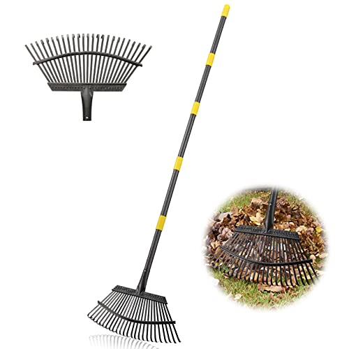 Garden Rake for Leaves, 18" Wide Head, 25 Steel Tines, Adjustable to 74 in - color: matte black, size: 25tine