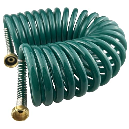 Darnassus Coil Garden Hose with Brass Connector - Self Retracting Spiral PU Curly Water Hose 20FT, Retractable and Corrosion Resistant for Garden Watering & Lawn Use - color: Dark Green, size: 20 FT