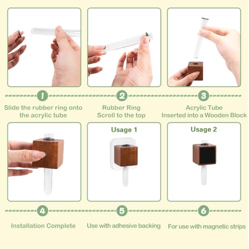 4 PCS Wooden Flower Vase Fridge Magnets, Glass Tube Flower Vase